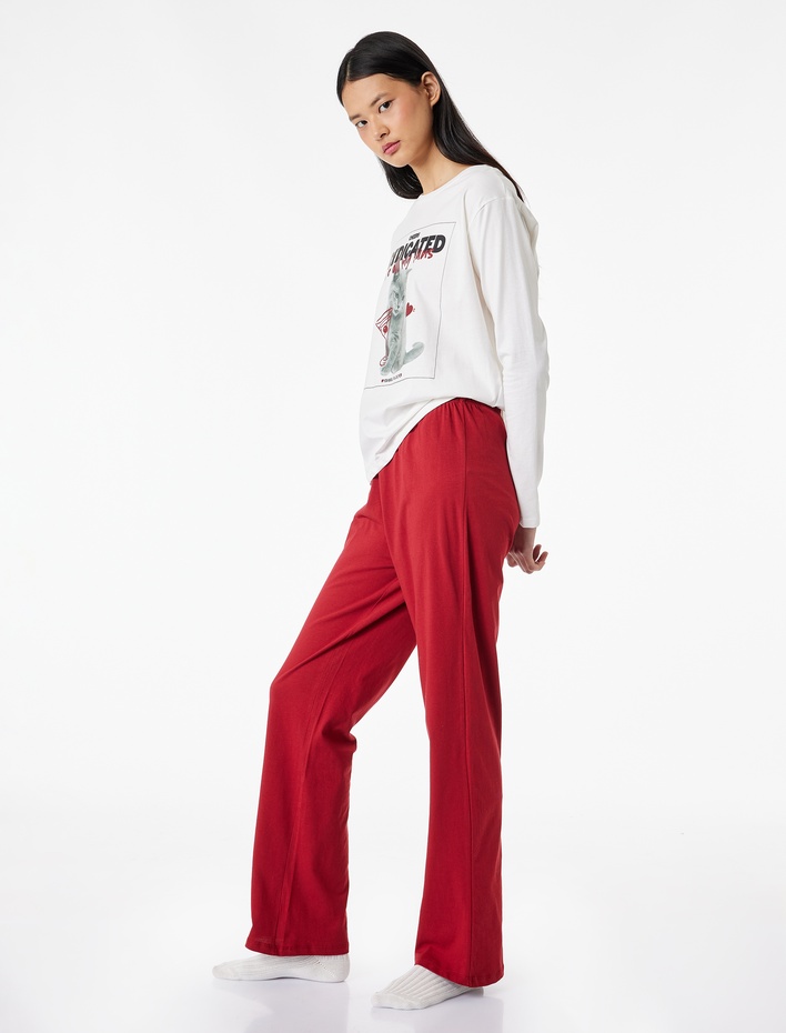  Pamuklu Uzun Kollu Bisiklet Yaka Kedi Baskılı Pijama Takımı