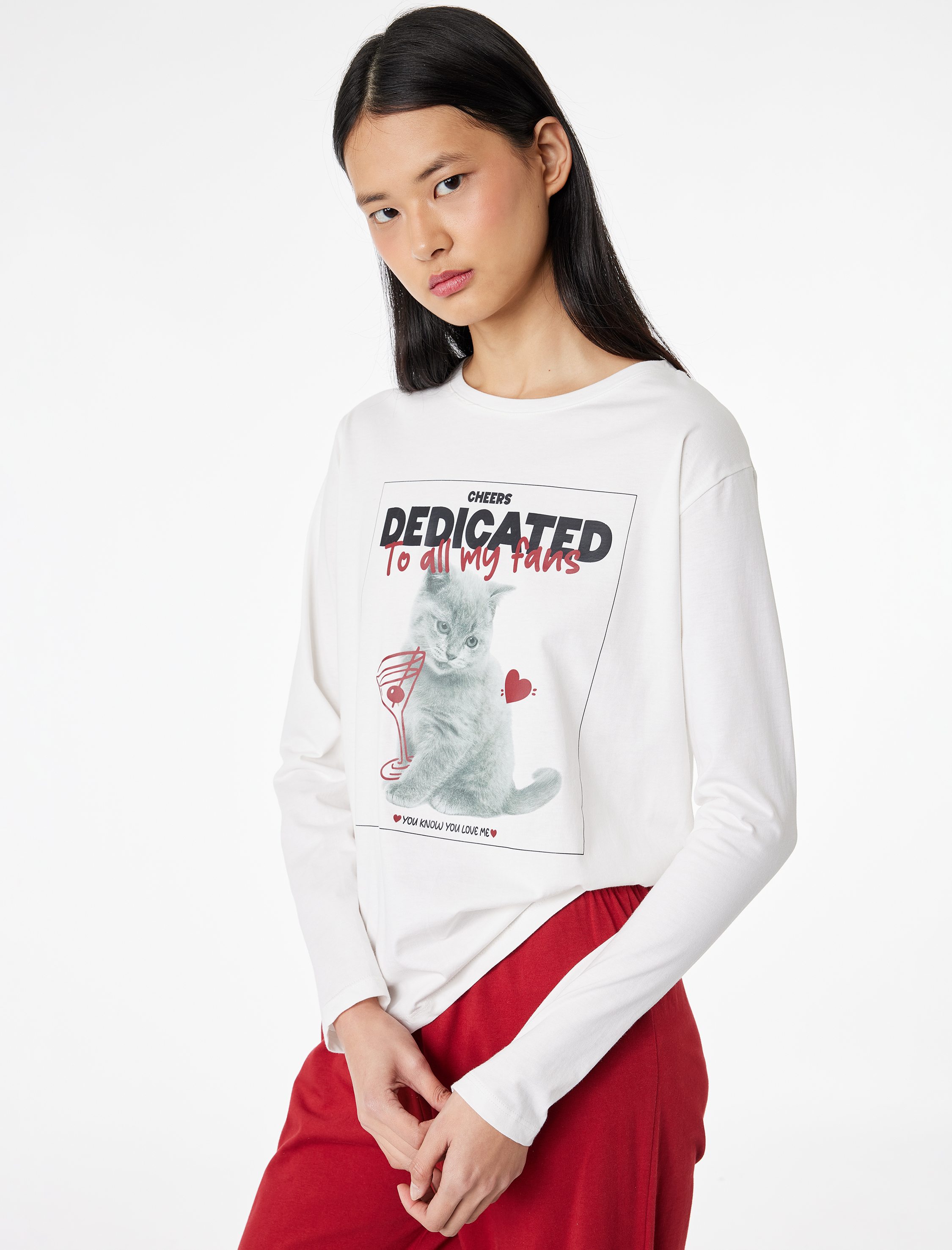   Pamuklu Uzun Kollu Bisiklet Yaka Kedi Baskılı Pijama Takımı