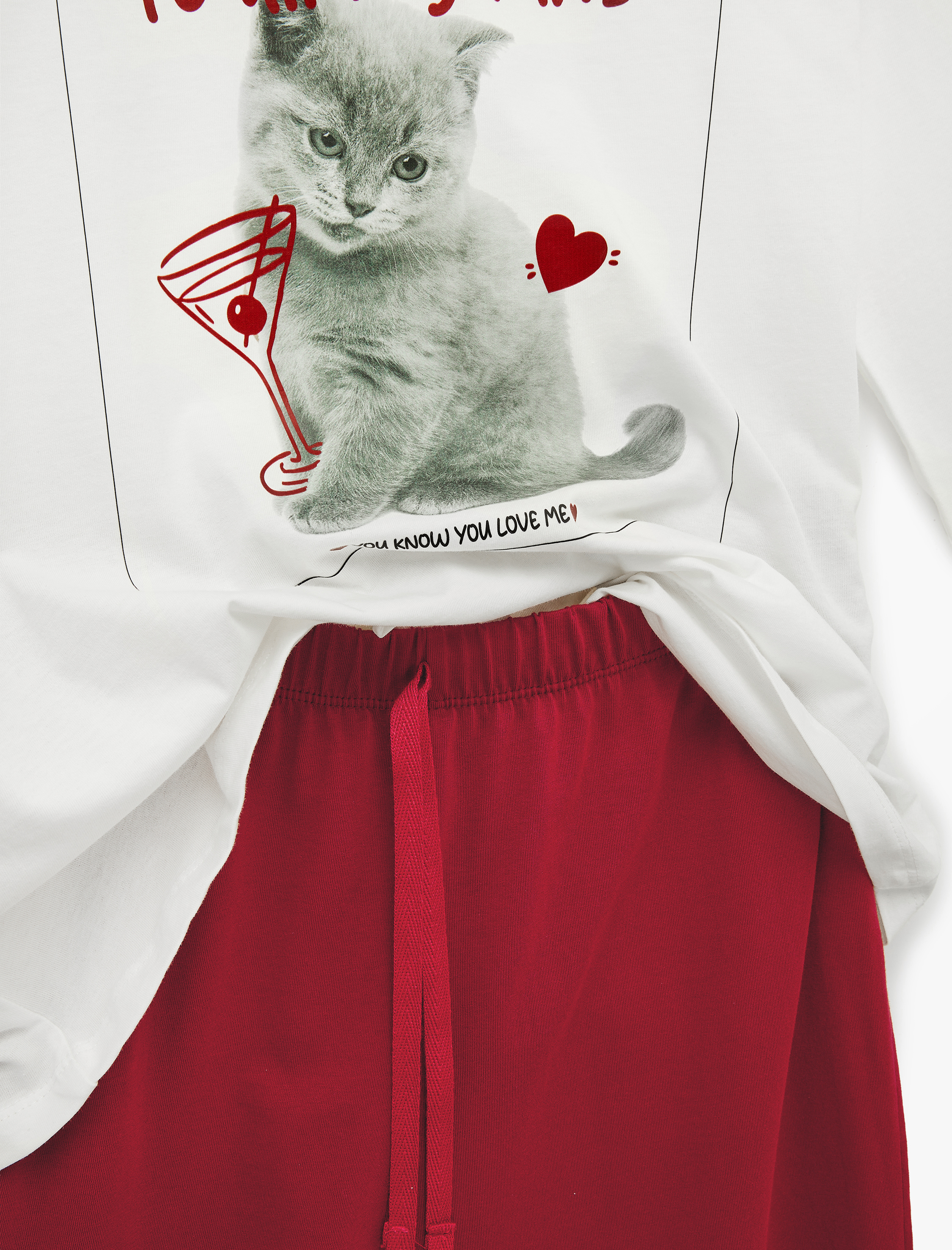   Pamuklu Uzun Kollu Bisiklet Yaka Kedi Baskılı Pijama Takımı