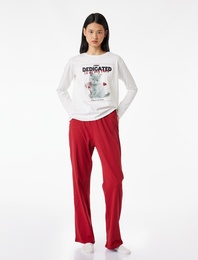 Pamuklu Uzun Kollu Bisiklet Yaka Kedi Baskılı Pijama Takımı