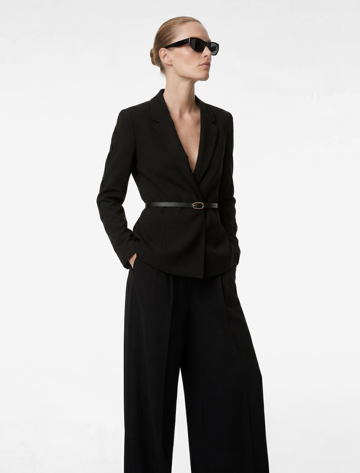  Kemer Detaylı Uzun Kollu Peplum Kruvaze Yaka Blazer Ceket