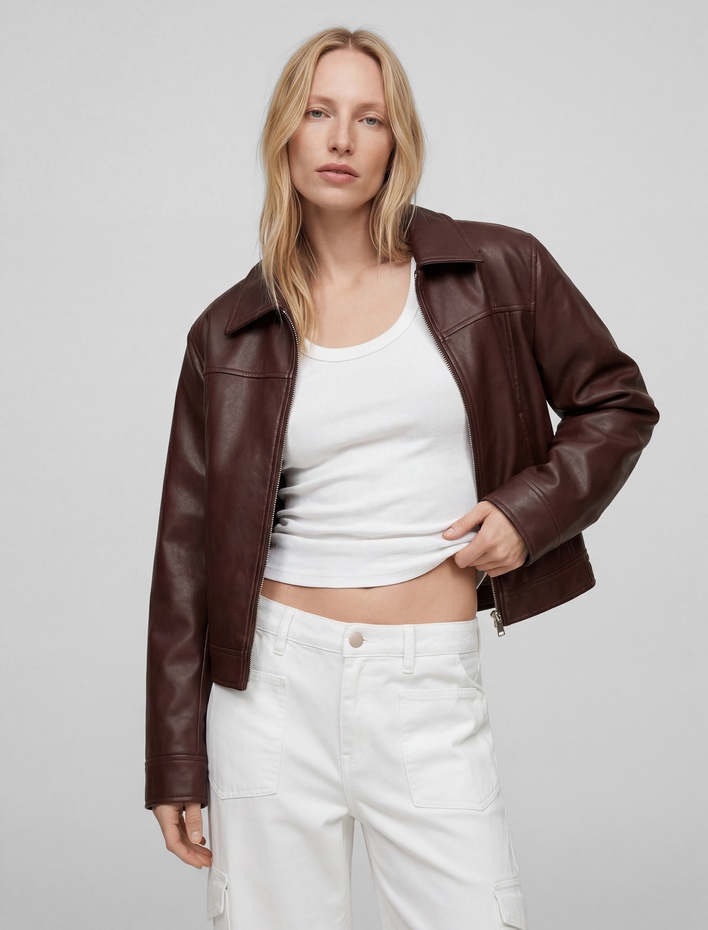  Uzun Kollu Fermuarlı Cepli Gömlek Yaka Crop Suni Deri Ceket