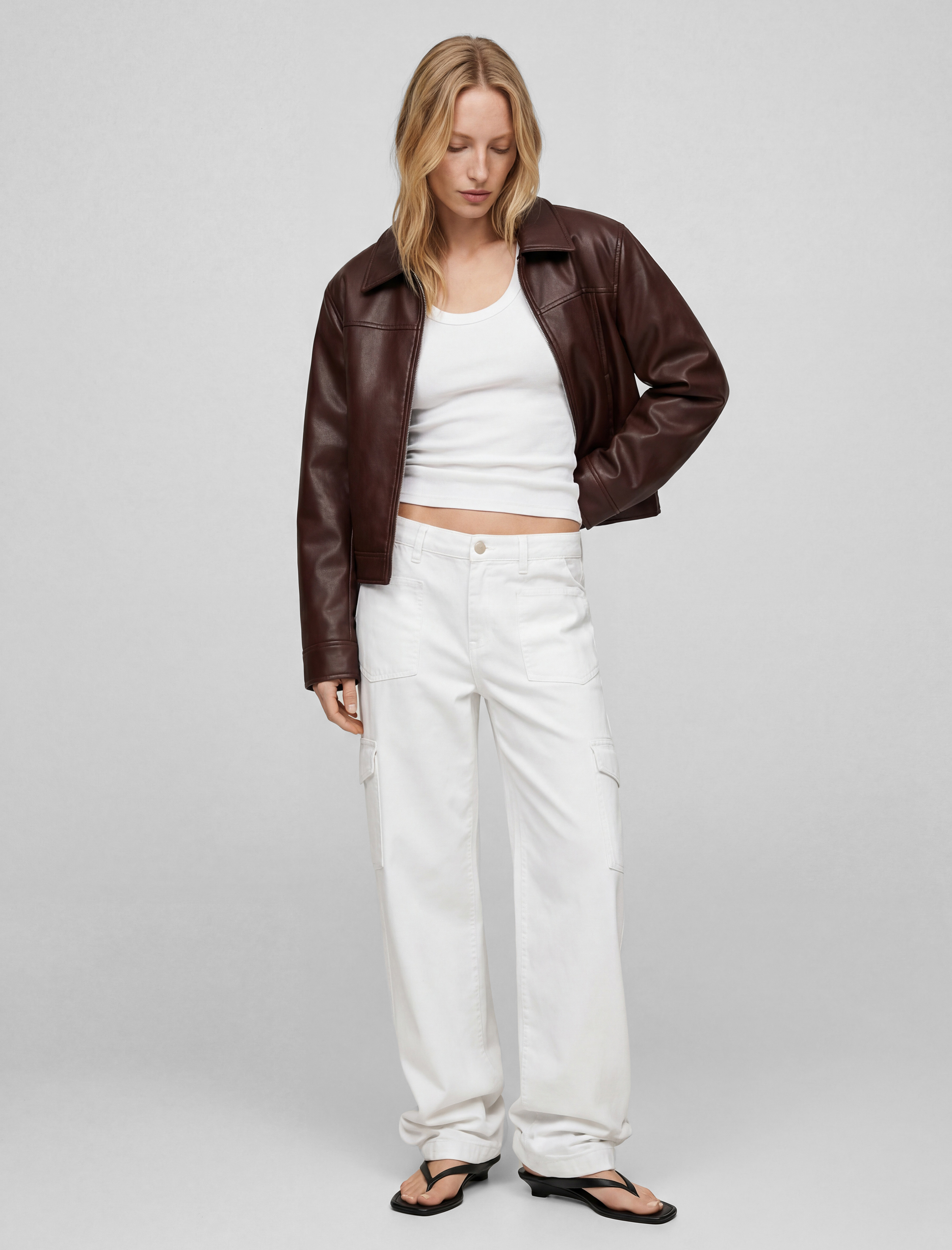   Uzun Kollu Fermuarlı Cepli Gömlek Yaka Crop Suni Deri Ceket