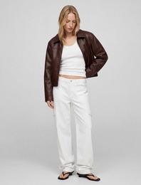 Uzun Kollu Fermuarlı Cepli Gömlek Yaka Crop Suni Deri Ceket