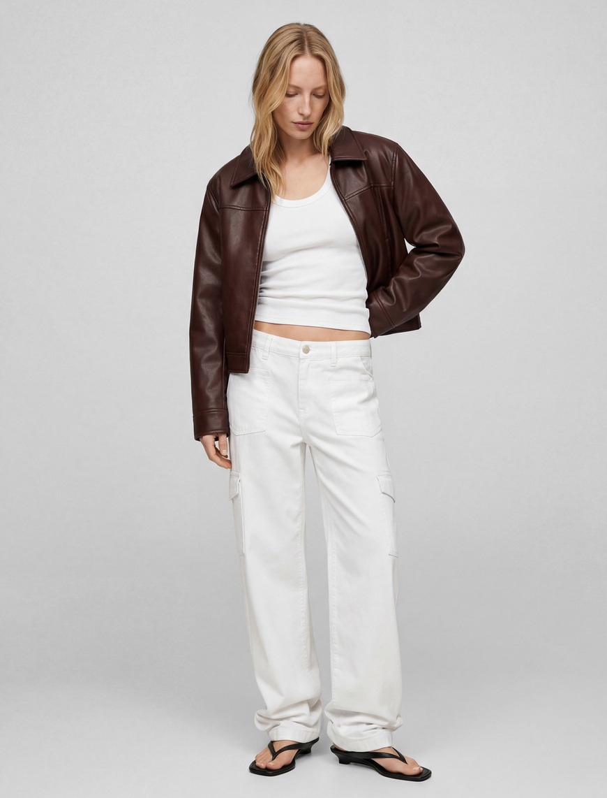 Koton Kadın Uzun Kollu Fermuarlı Cepli Gömlek Yaka Crop Suni Deri Ceket