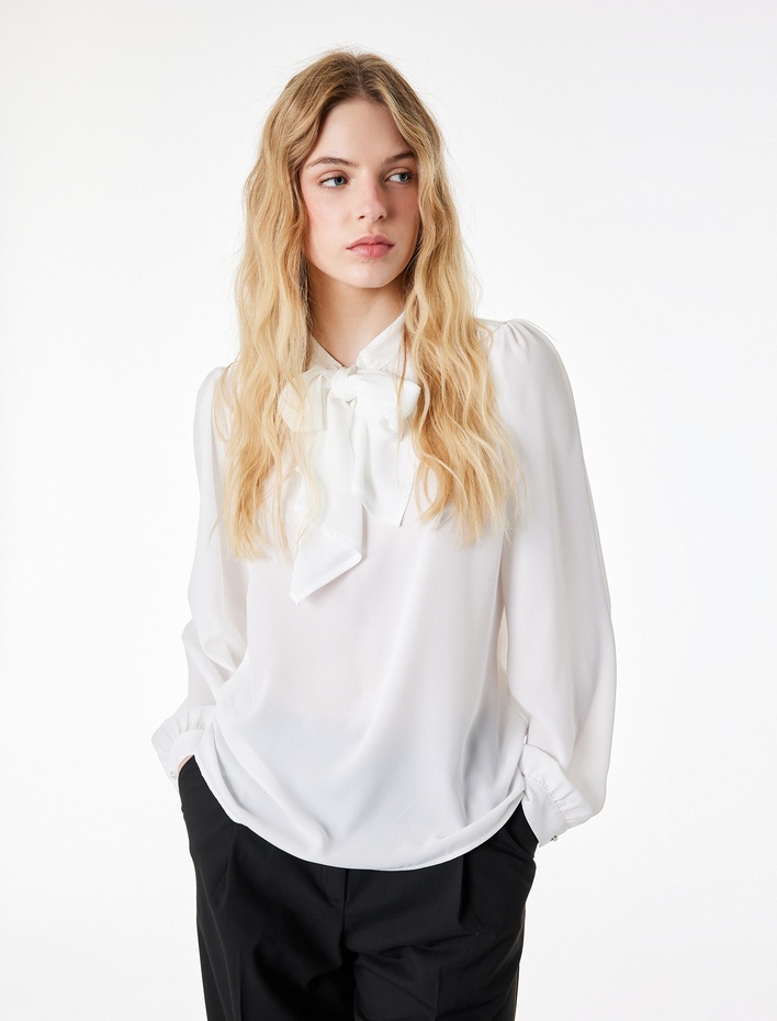  Fular Yaka Bağlama Detaylı Uzun Kollu Krep Bluz