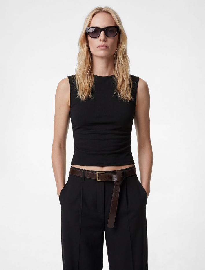  Krep Scuba Kumaş Slim Fit Bisiklet Yaka Kolsuz Drape Detaylı Bluz