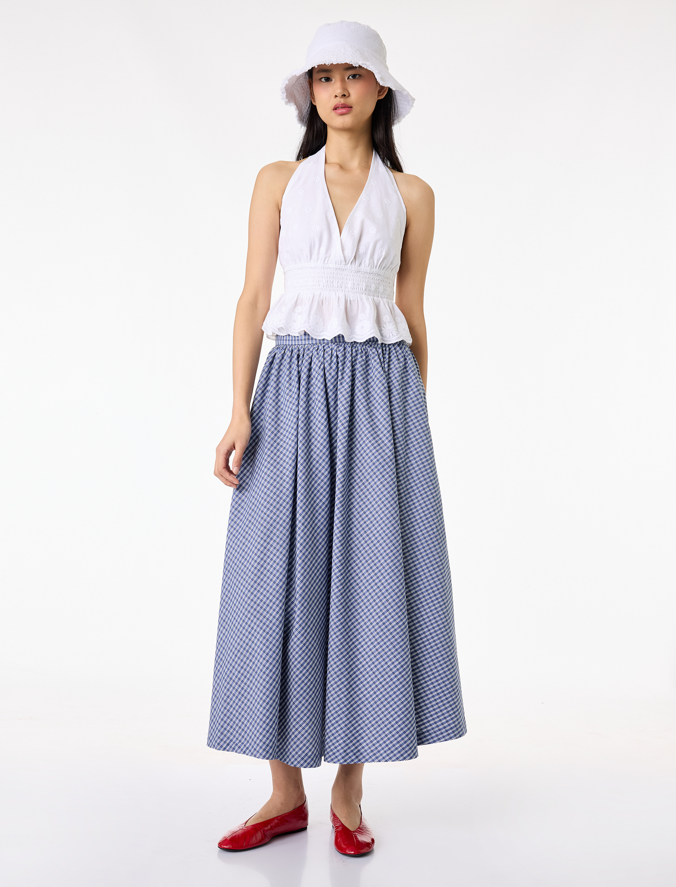   Regular Fit Pamuklu Poplin Ekose Uzun Etek