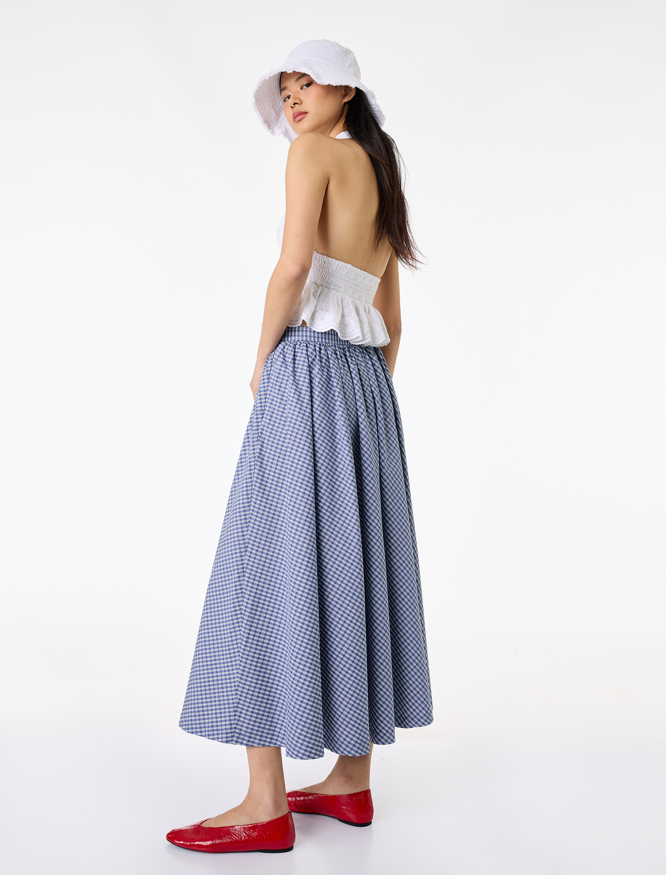   Regular Fit Pamuklu Poplin Ekose Uzun Etek