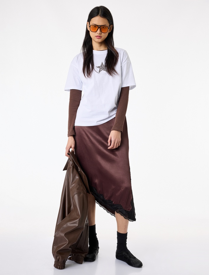  Asimetrik Slim Fit Dantel Detaylı Saten Midi Etek