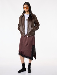 Asimetrik Slim Fit Dantel Detaylı Saten Midi Etek