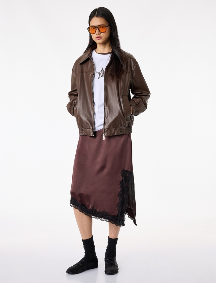  Asimetrik Slim Fit Dantel Detaylı Saten Midi Etek