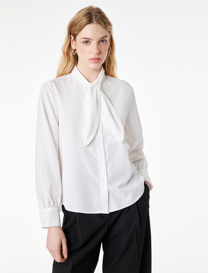  Regular Fit Düğmeli Uzun Kollu Fular Yaka Gömlek