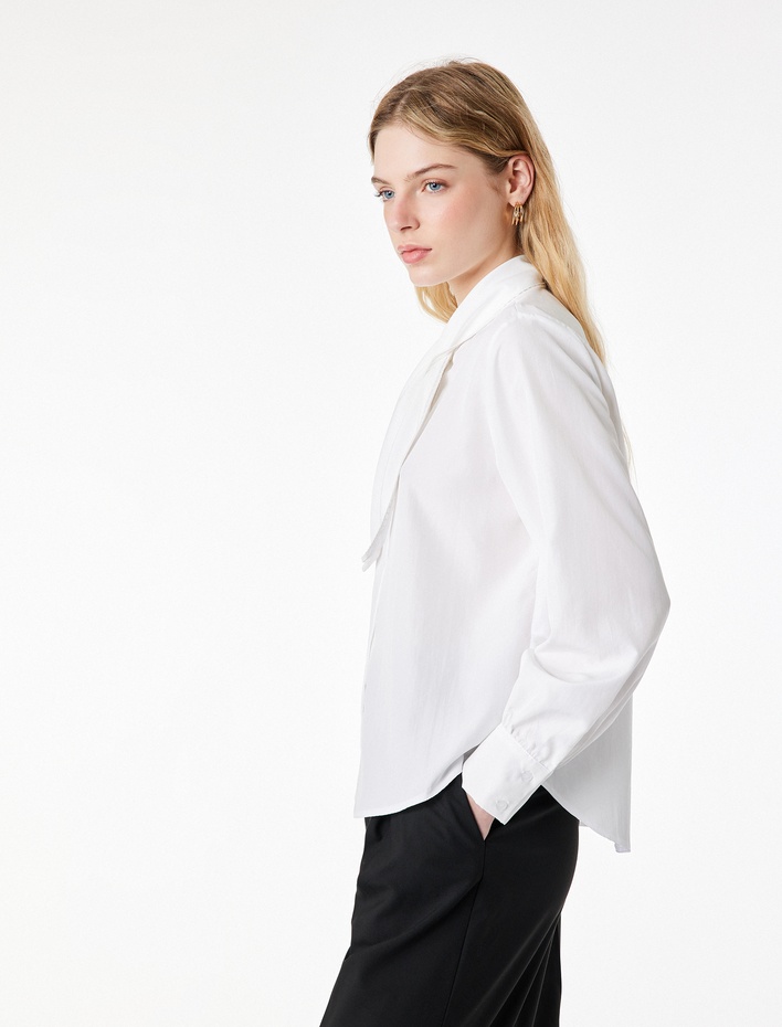  Regular Fit Düğmeli Uzun Kollu Fular Yaka Gömlek