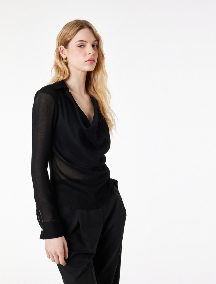  Viskon Karışımlı Uzun Kollu Degaje Yaka Tül Bluz