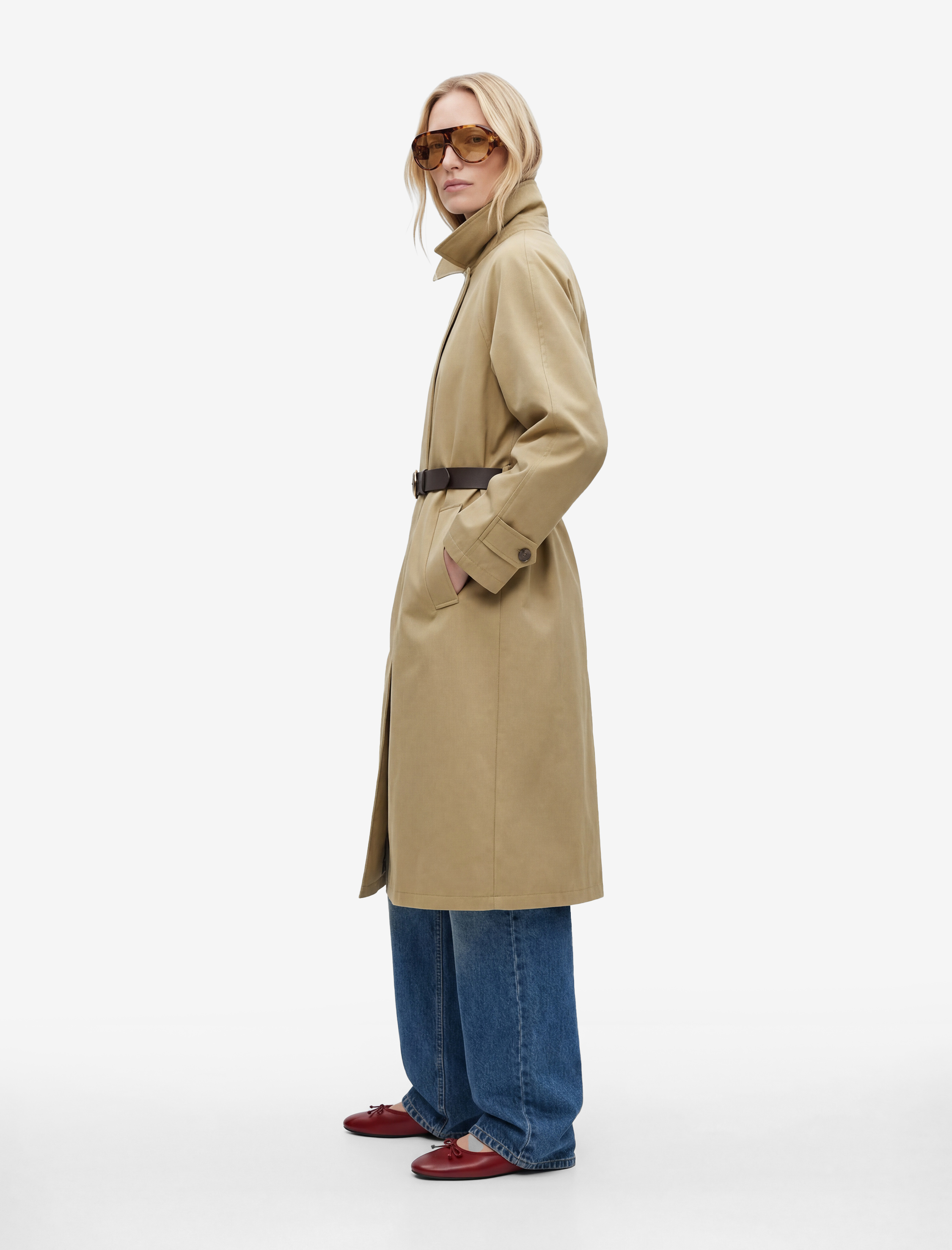   Uzun Kollu Cepli Gabardin Oversize Kemerli Trençkot