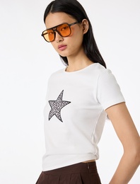 Baskılı Kısa Kollu Bisiklet Yaka Pamuklu Tişört