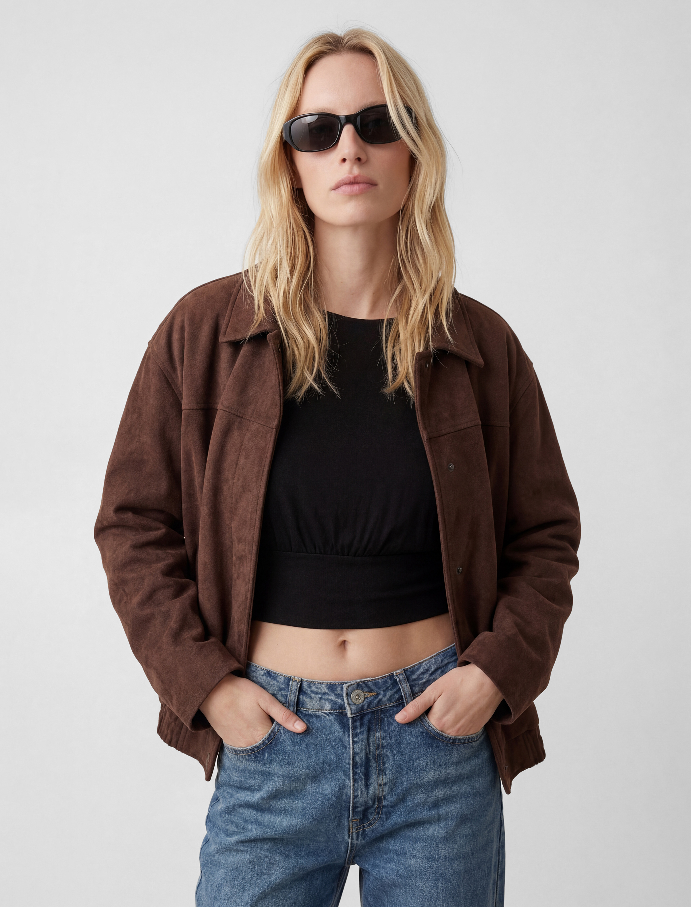   Uzun Kollu Cepli Fermuarlı Suni Süet Ceket