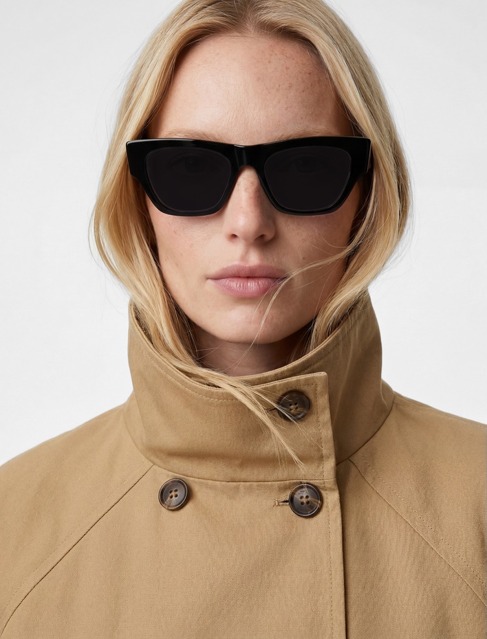  Uzun Kollu Düğmeli Gabardin Dik Yaka Oversize Kısa Trençkot