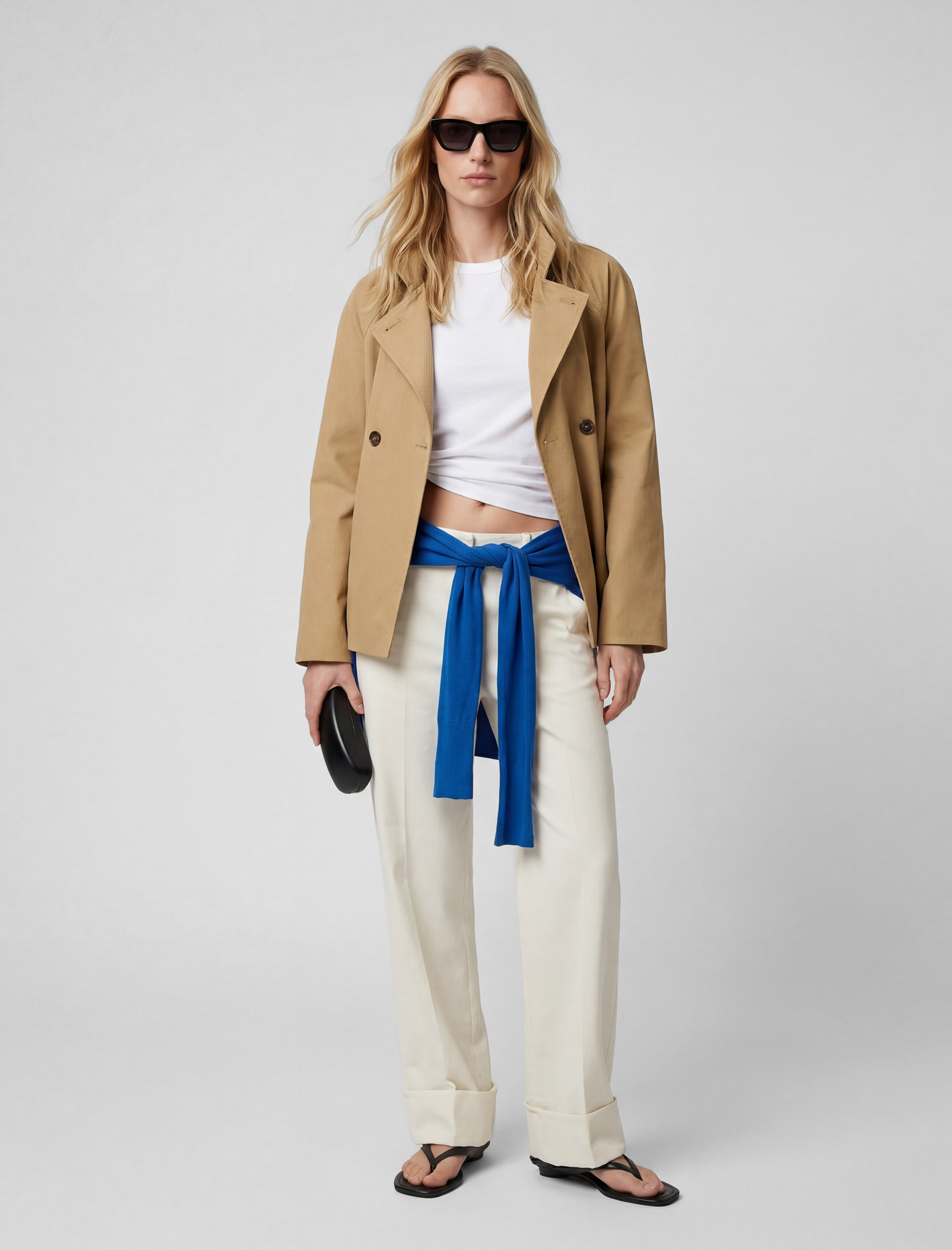   Uzun Kollu Düğmeli Gabardin Dik Yaka Oversize Kısa Trençkot