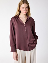 Klasik Yaka Uzun Kollu Rahat Kalıp Düğmeli Saten Gömlek