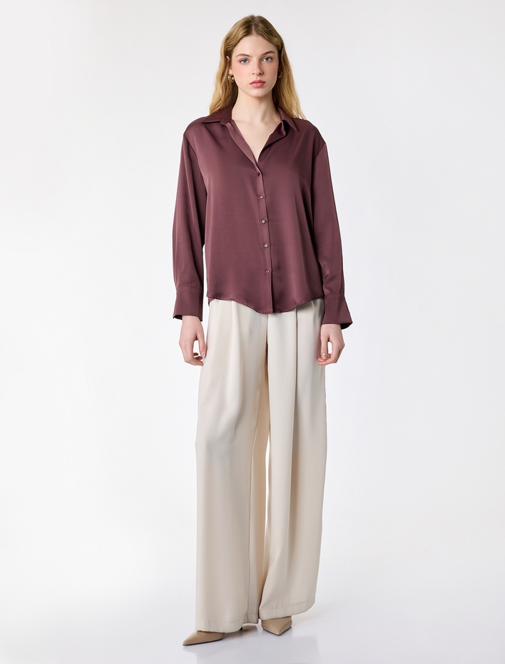  Klasik Yaka Uzun Kollu Rahat Kalıp Düğmeli Saten Gömlek