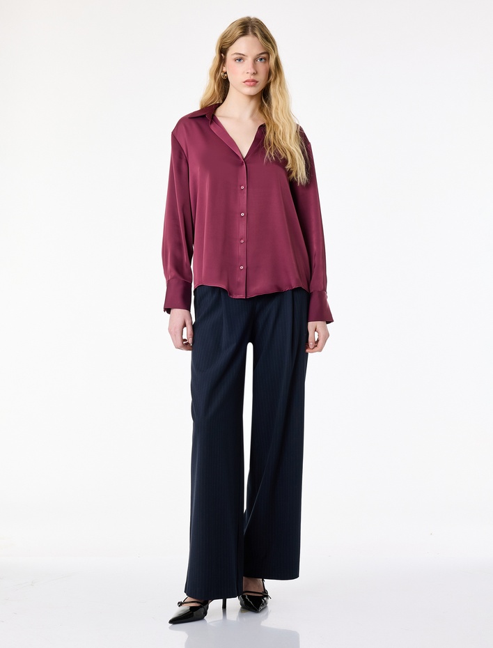  Klasik Yaka Uzun Kollu Rahat Kalıp Düğmeli Saten Gömlek