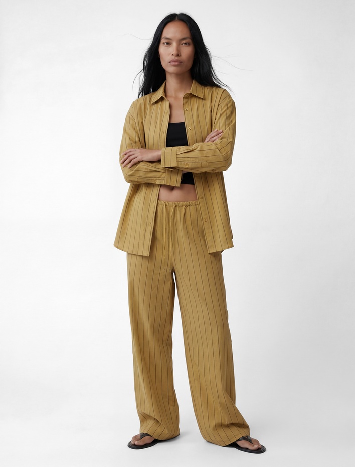  Beli Bağlamalı Modal Kumaş Cepli Geniş Paça Çizgili Pantolon