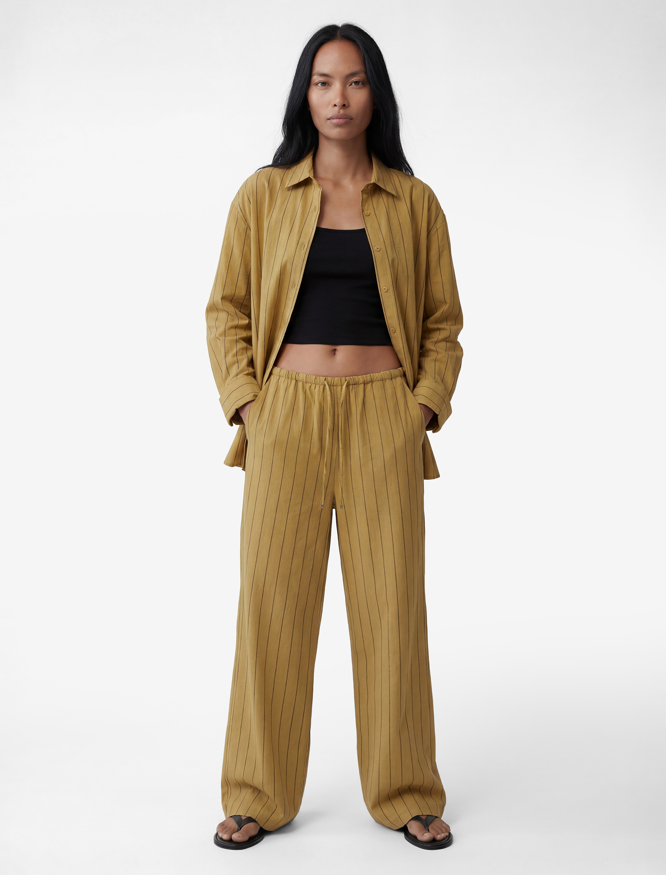 Beli Bağlamalı Modal Kumaş Cepli Geniş Paça Çizgili Pantolon - Görsel 2