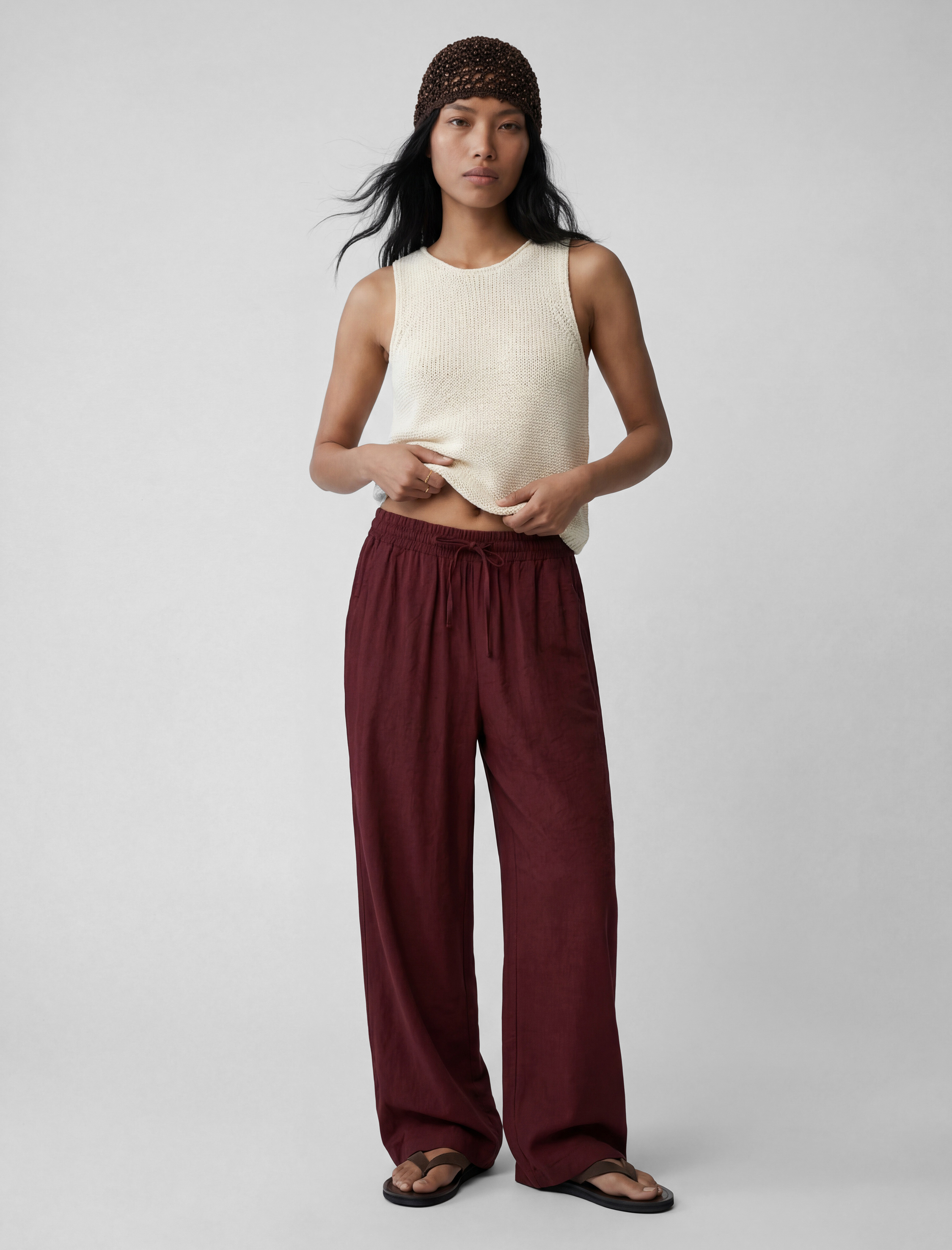   Modal Kumaş Beli Bağlamalı Dokulu Geniş Paça Pantolon