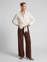 Yüksek Bel Viskon Karışımlı Cepli Pileli Geniş Paça Pantolon