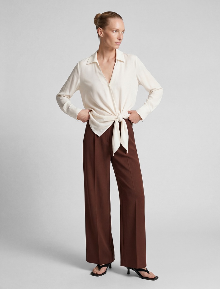  Yüksek Bel Viskon Karışımlı Cepli Pileli Geniş Paça Pantolon