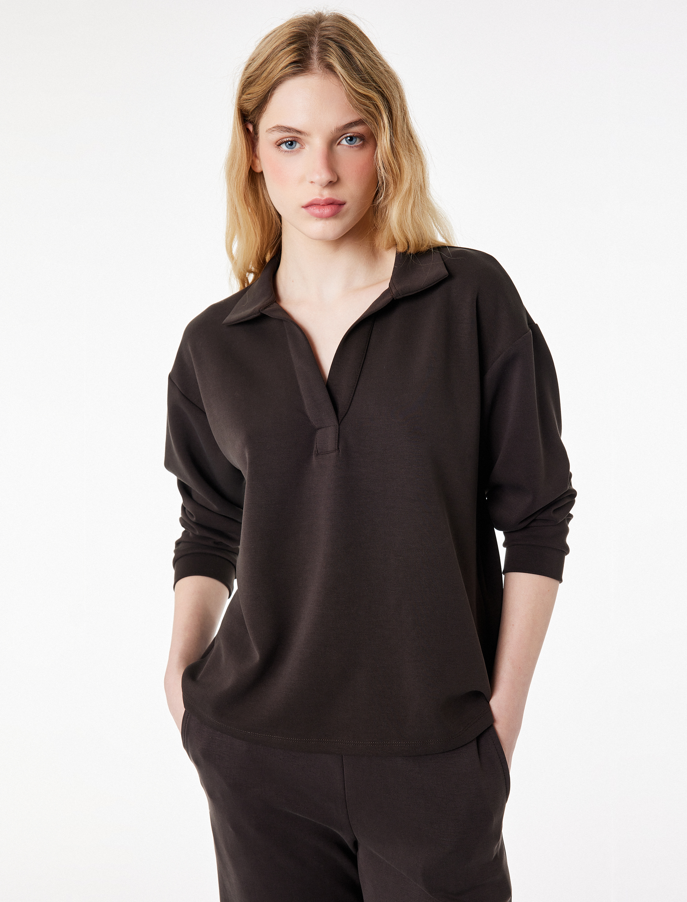   Modal Kumaş Uzun Kollu Rahat Kalıp Polo Yaka Sweatshirt