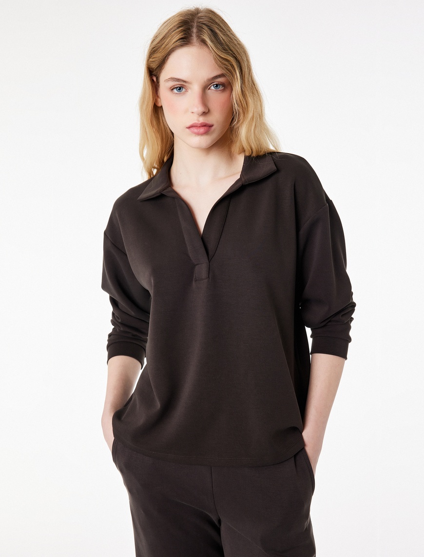 Koton Kadın Modal Kumaş Uzun Kollu Rahat Kalıp Polo Yaka Sweatshirt