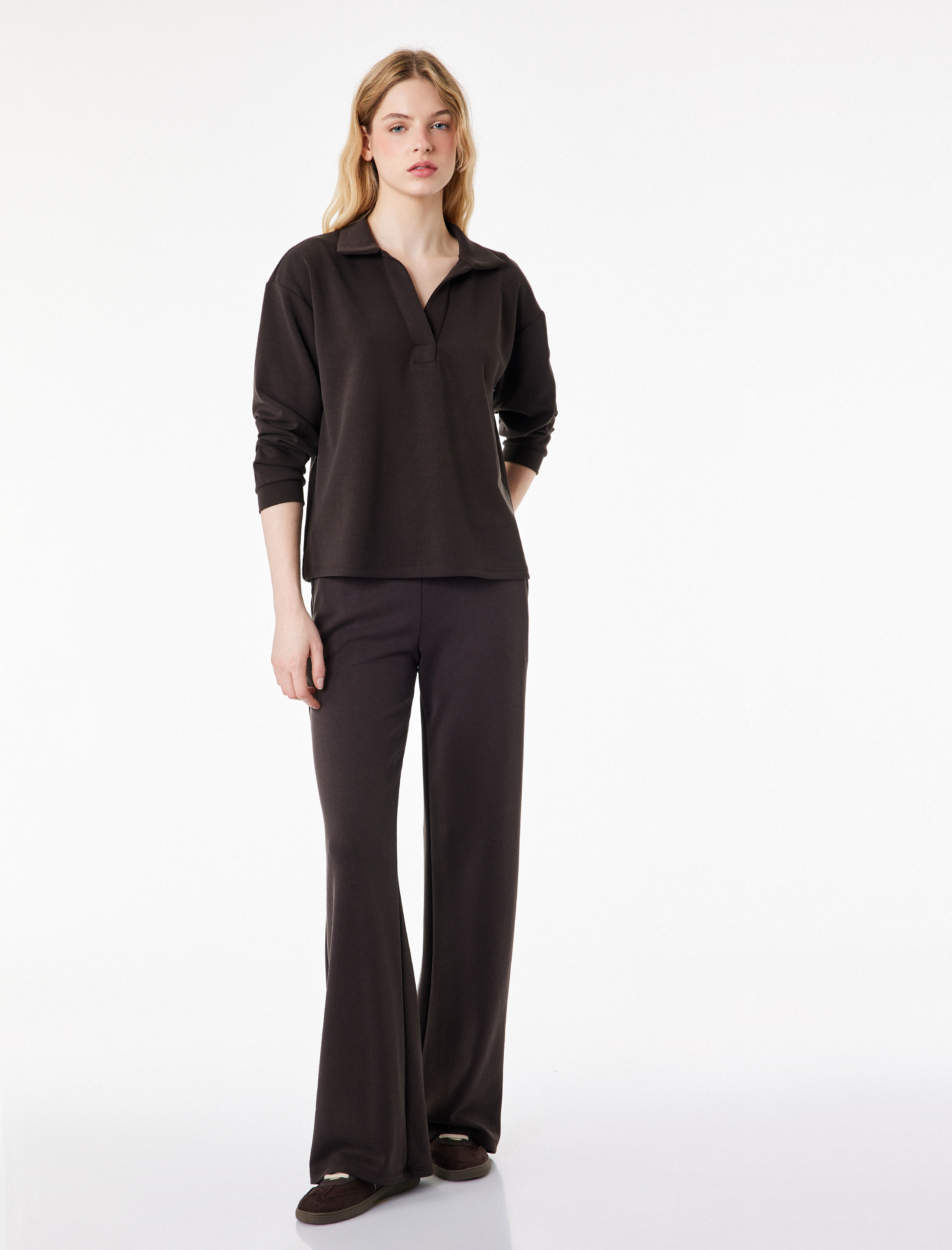   Modal Kumaş Uzun Kollu Rahat Kalıp Polo Yaka Sweatshirt