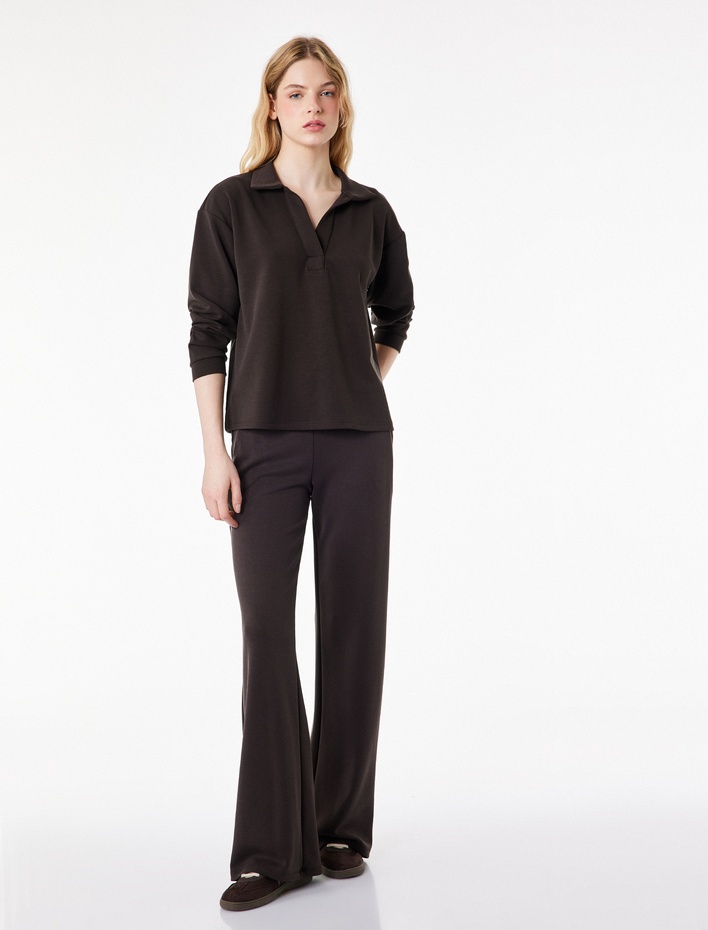  Modal Kumaş Uzun Kollu Rahat Kalıp Polo Yaka Sweatshirt