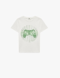 Pamuklu Bisiklet Yaka Kısa Kollu Baskılı Tişört