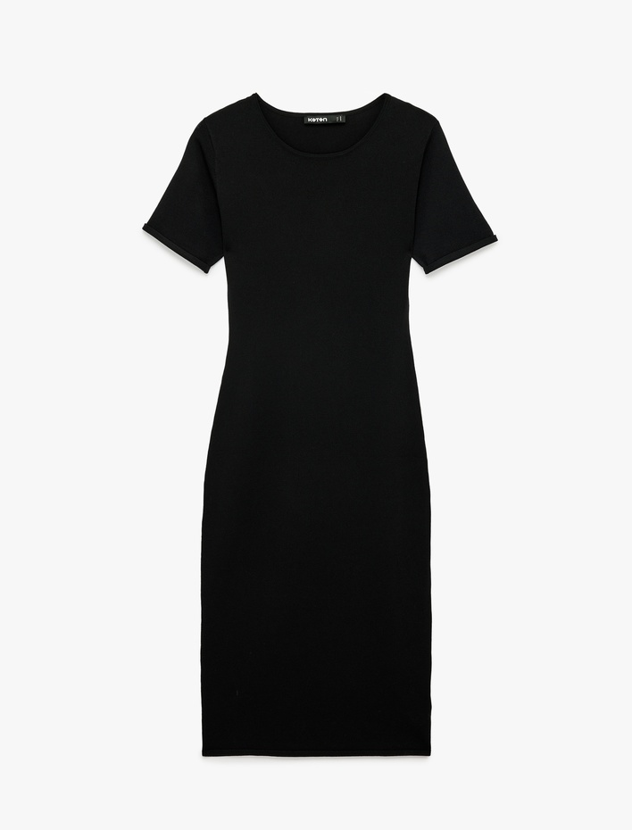  Viskon Karışımlı Kısa Kollu Yuvarlak Yaka Midi Boy Kalem Elbise