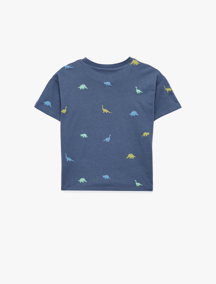 Erkek Bebek Pamuklu Bisiklet Yaka Kısa Kollu Dinozor Baskılı Tişört