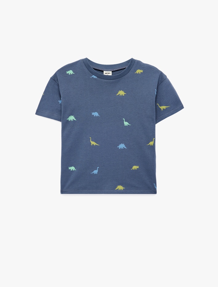 Erkek Bebek Pamuklu Bisiklet Yaka Kısa Kollu Dinozor Baskılı Tişört