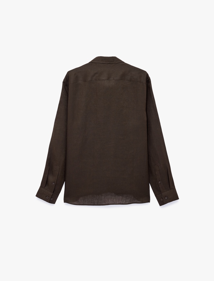  Regular Fit Düğmeli Yaka Uzun Kollu Keten Gömlek