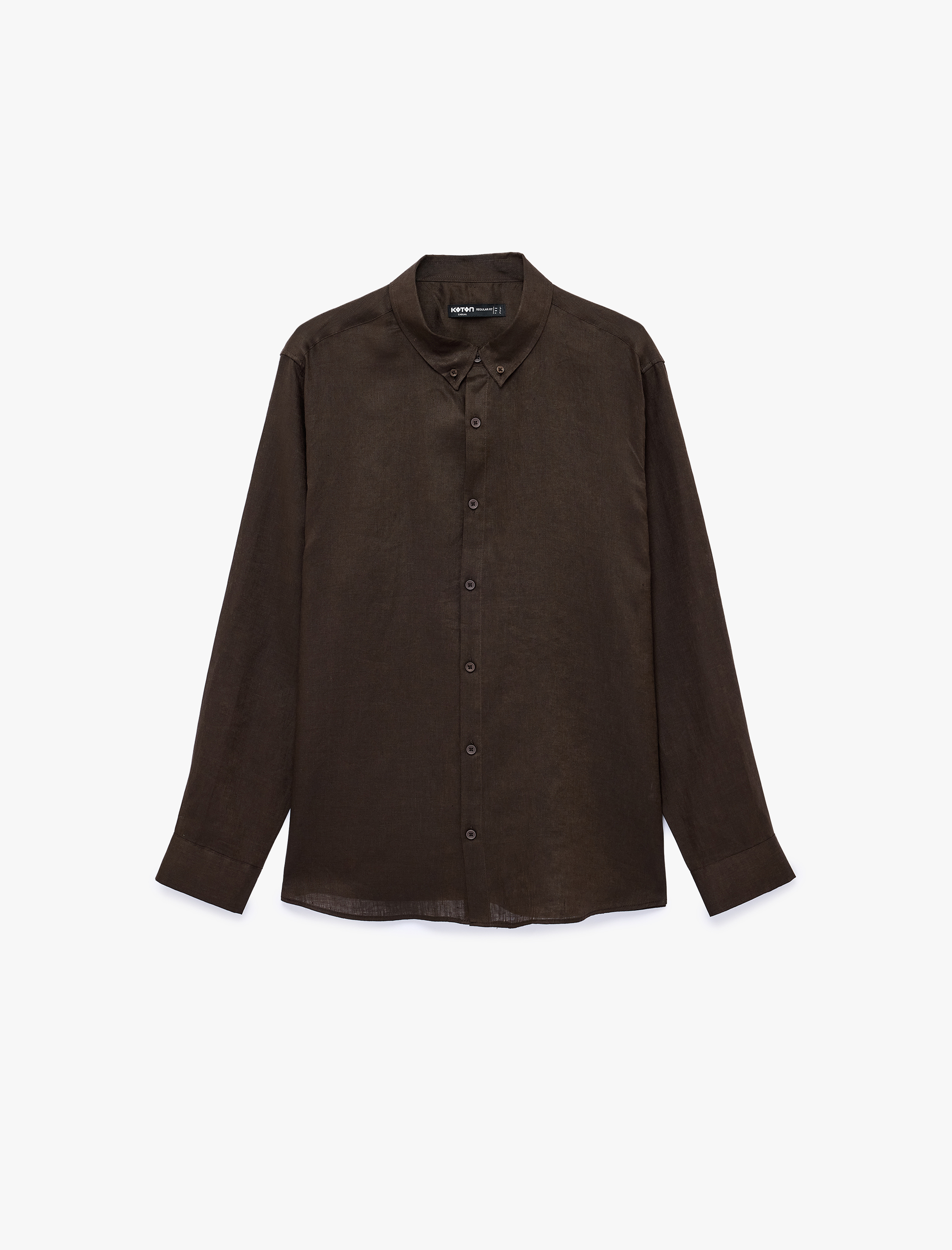   Regular Fit Düğmeli Yaka Uzun Kollu Keten Gömlek