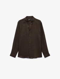 Regular Fit Düğmeli Yaka Uzun Kollu Keten Gömlek