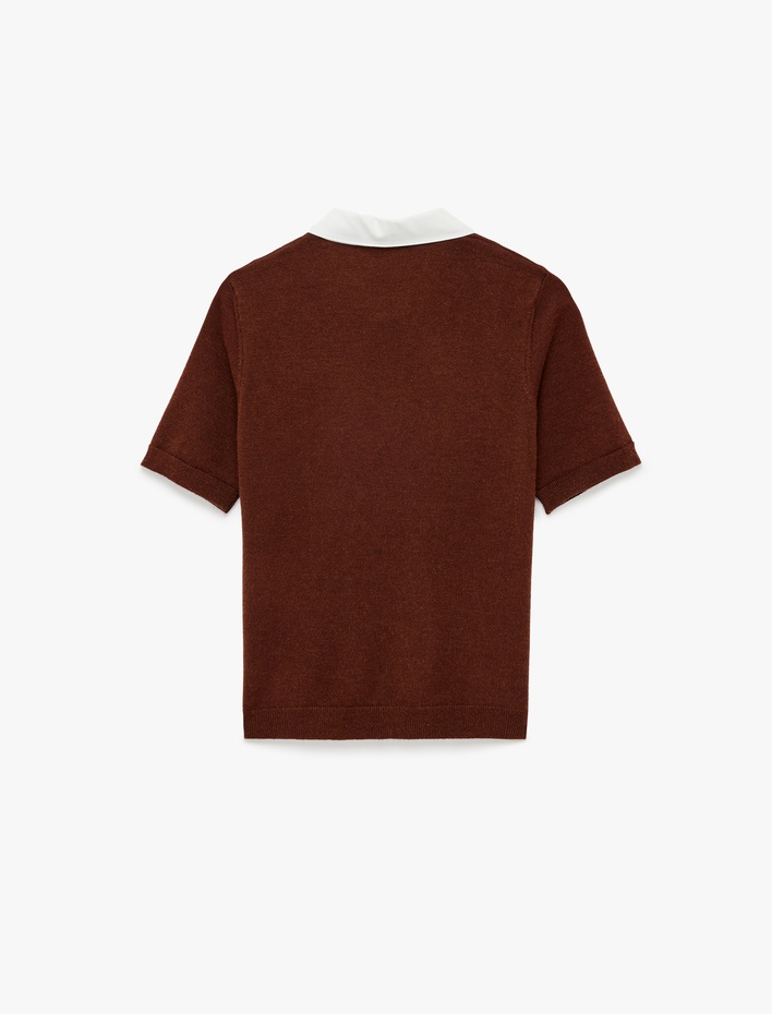  Polo Yaka Kısa Kollu Düğmeli Biyeli Viskon Karışımlı Triko Kazak