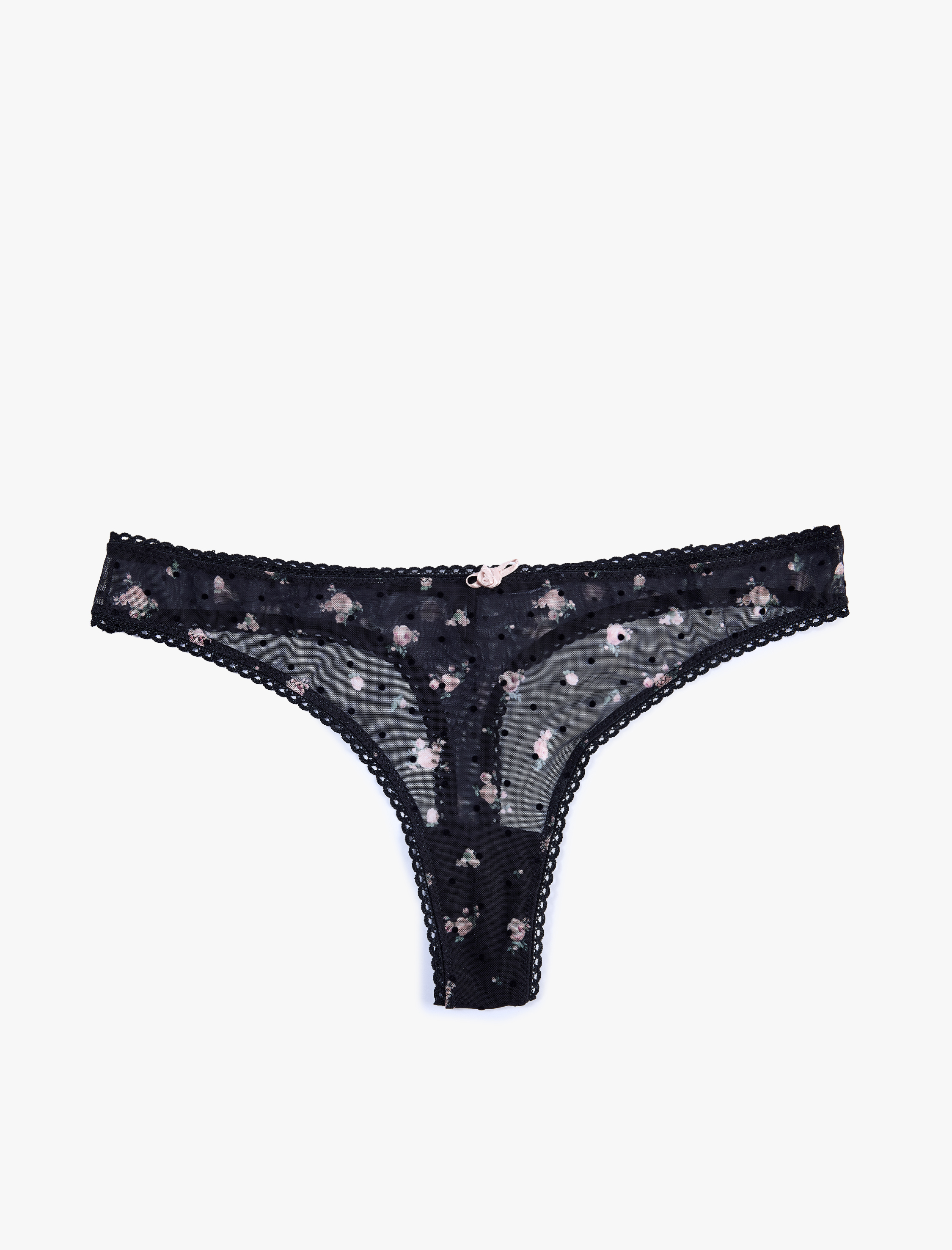   Kurdele Detaylı Çiçekli Tül String Külot