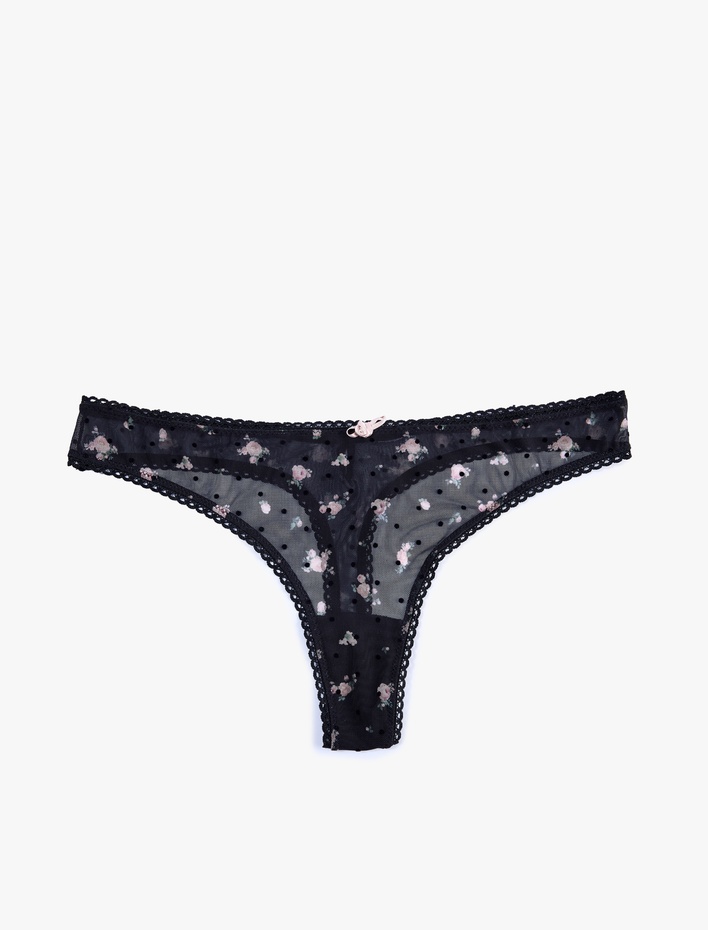  Kurdele Detaylı Çiçekli Tül String Külot