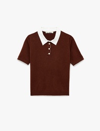 Polo Yaka Kısa Kollu Düğmeli Biyeli Viskon Karışımlı Triko Kazak