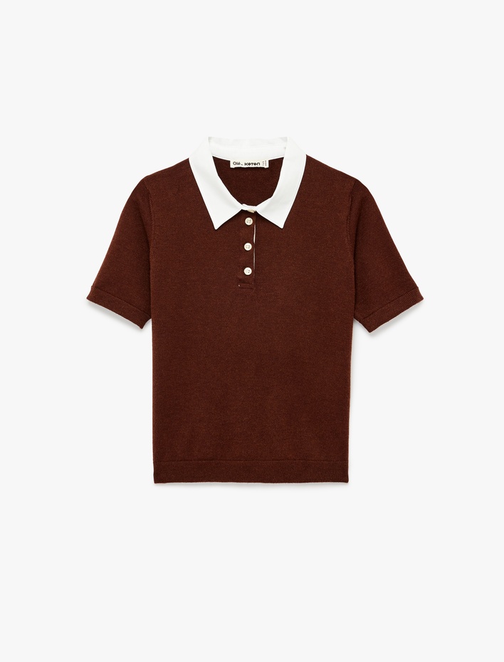  Polo Yaka Kısa Kollu Düğmeli Biyeli Viskon Karışımlı Triko Kazak