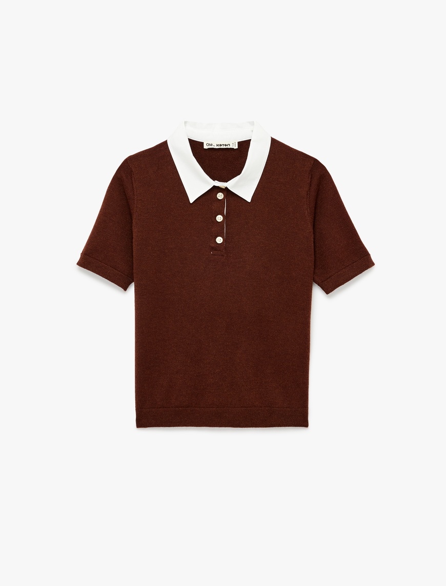 Koton Kadın Polo Yaka Kısa Kollu Düğmeli Biyeli Viskon Karışımlı Triko Kazak