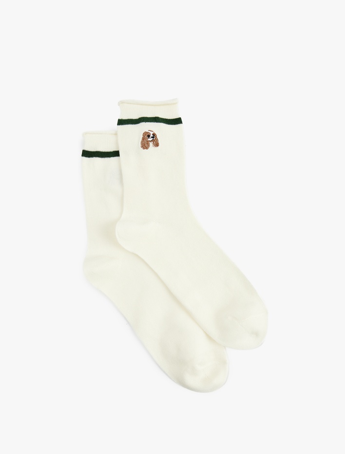 Kadın Köpek Nakışlı Çizgili Soket Çorap
